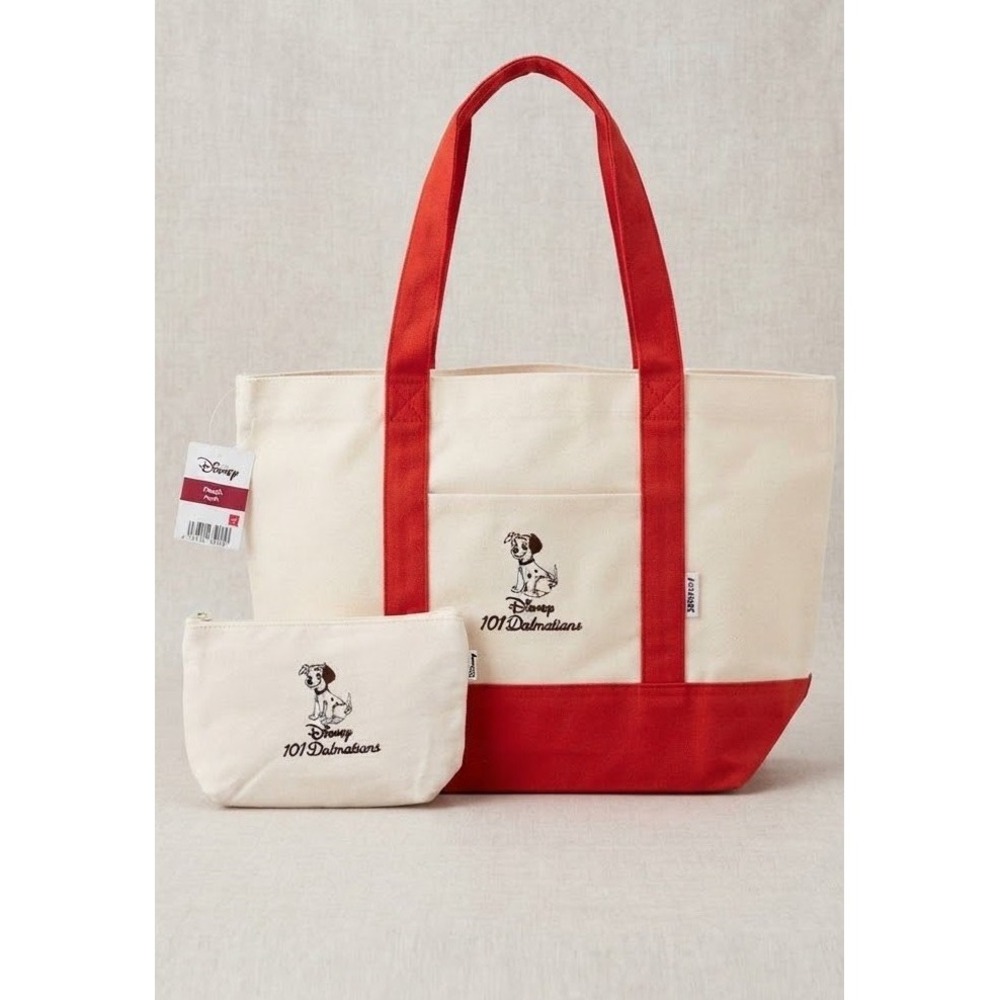 Disney 101 Dalmatians Canvas Tote Bag and Pouch Set Red Cream Embroidered